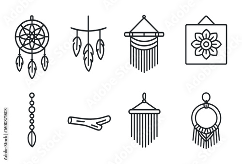 Boho Wall Decor Icons. Outline icon set of boho wall decor: dreamcatcher, feather strand, twine hanger,