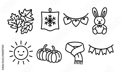 Seasonal Textile Icons. Outline icon set of seasonal textile decor: autumn leaves, snowflake cloth, heart
