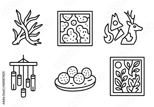 Eco Art Icon Set. Outline icon set of eco art installations: driftwood sculpture, moss panel, recycled metal