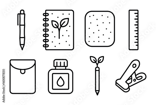 Eco Office Icons. Outline icon set of eco biodegradable office supplies: bamboo pen, seed paper notebook, cork