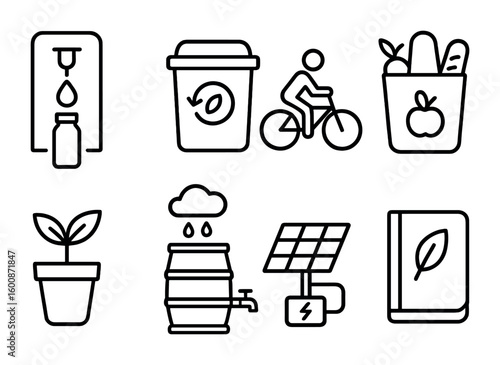 Sustainable Lifestyle Icons. Outline icon set of sustainable lifestyle icons: refill station, compost bin,