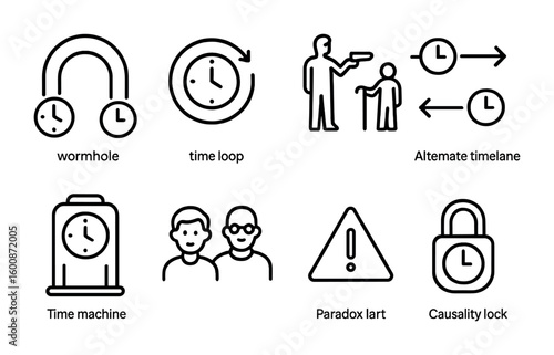 Time Travel Paradoxes Icons. Outline icon set of time travel paradoxes: wormhole arch, time loop arrow,