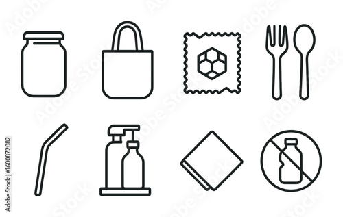 Zero Waste Icons. Outline icon set of zero waste lifestyle: glass jar, reusable tote, beeswax wrap, wooden