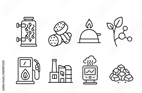 Bioenergy Icon Set. Outline icon set of bioenergy advancements: algae bioreactor, advanced biomass pellet,