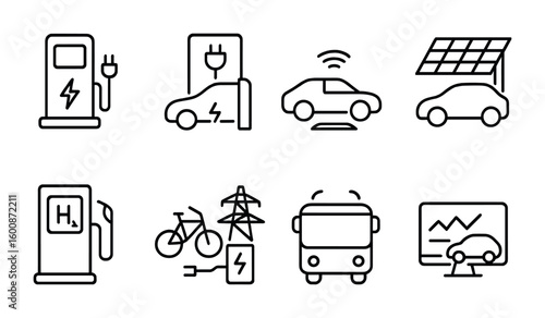 Electric Mobility Icons. Outline icon set of electric mobility and charging infrastructure: ultra-fast charger