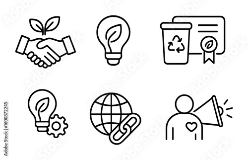 Sustainable Business Icons. Outline icon set of sustainable business practices: ethical sourcing, energy