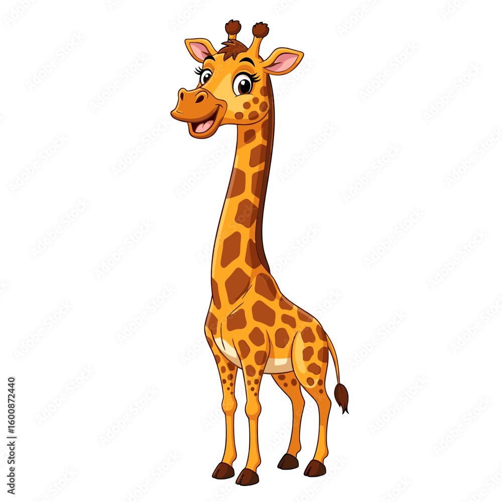 Obraz premium A cheerful cartoon giraffe stands, smiling, against a white background.