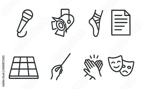 Performance Arts Icons. Outline icon set of performance arts development: microphone, stage spotlight, ballet