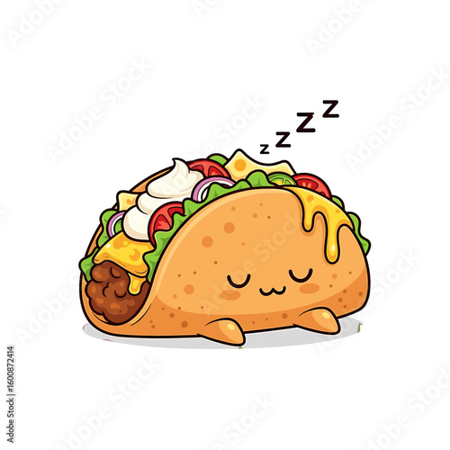 A cute, cartoon taco, complete with fillings, is peacefully sleeping.