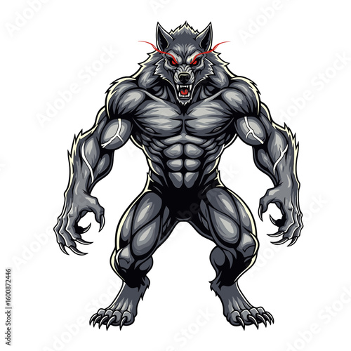 A muscular werewolf stands aggressively, baring fangs and glowing red eyes.