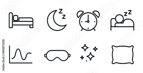 Sleep Essentials Icons. Outline icon set of the importance of sleep: bed, crescent moon, alarm clock, sleeping