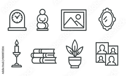 Mantelpiece Decor Icons. Outline icon set of mantelpiece decorative objects: antique clock, ceramic figurine,