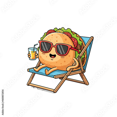 A cartoon taco character wearing sunglasses, relaxing on a beach chair, sipping a drink.