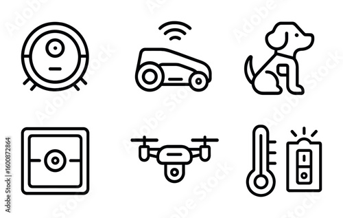 Home Robotics Icons. Outline icon set of home robotic assistants: vacuum robot, lawn mower robot, smart