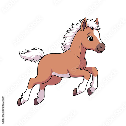 A cartoon foal with a white mane and tail is playfully leaping in the air, isolated on a white background.