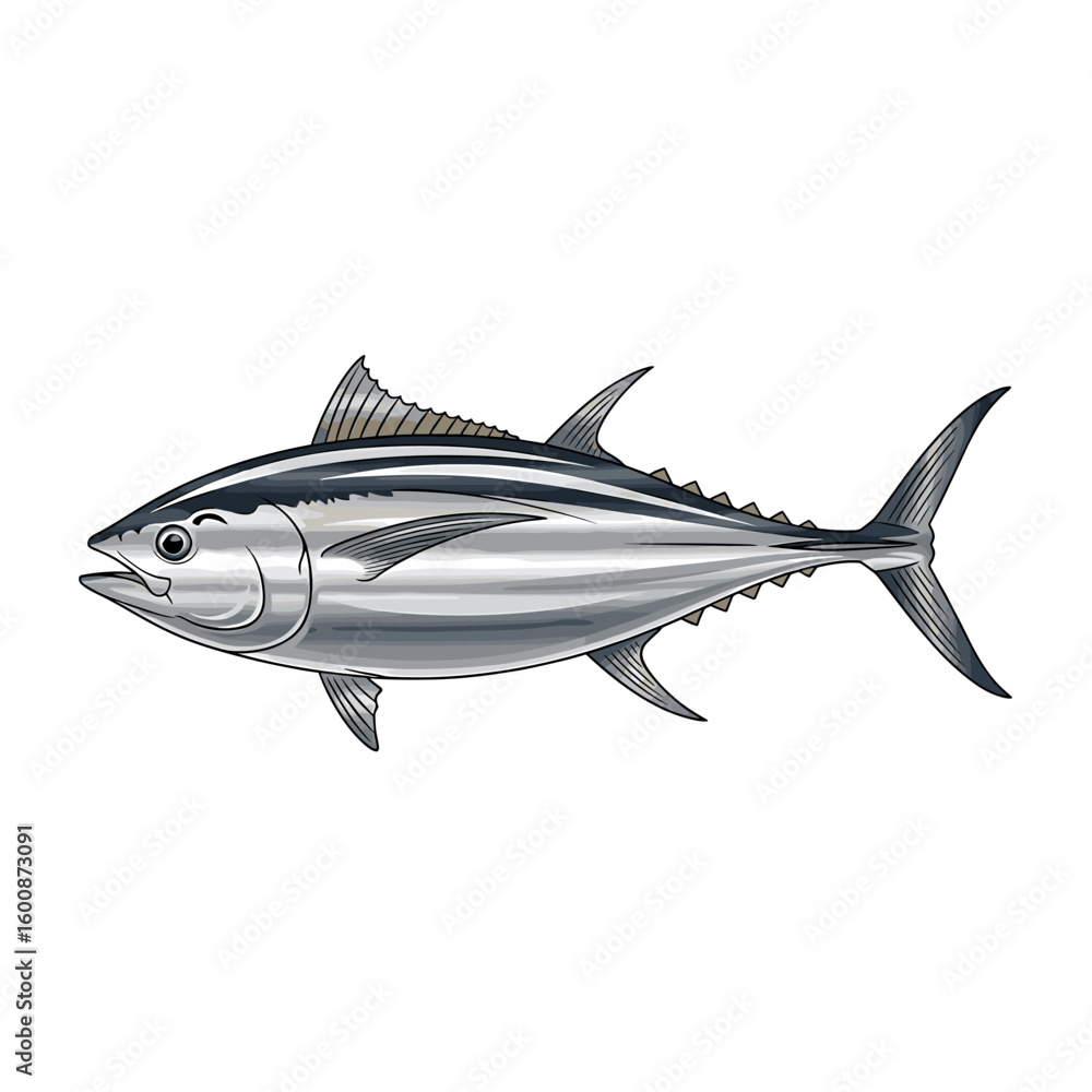 Fototapeta premium Detailed illustration of a sleek, silver tuna fish, showcasing its streamlined body and distinctive markings.