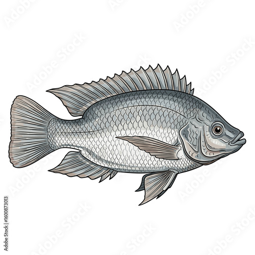 Detailed illustration of a gray tilapia fish, profile view, showcasing its scales and fins.