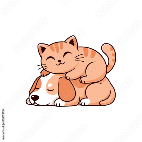 A cute orange cat snuggles atop a sleeping puppy, showcasing a heartwarming interspecies friendship.