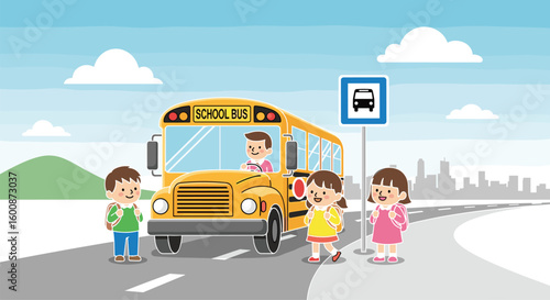 Children Boarding School Bus at Bus Stop, Safe Transportation, Cheerful Kids with Backpacks, Educational Journey, Urban Morning, Road Safety, Cartoon Style