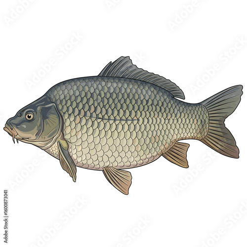 Illustration of a carp fish, showcasing its scales and fins, isolated on white.