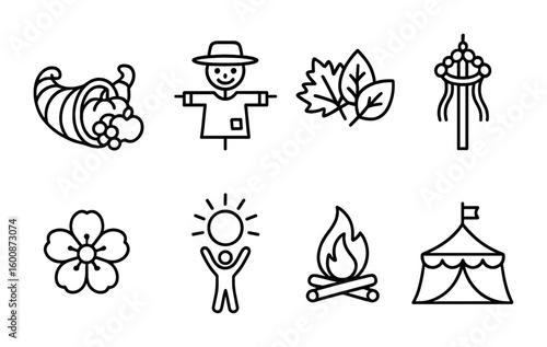 Seasonal Festival Icons. Outline icon set of harvest and seasonal festivals: cornucopia, scarecrow, autumn