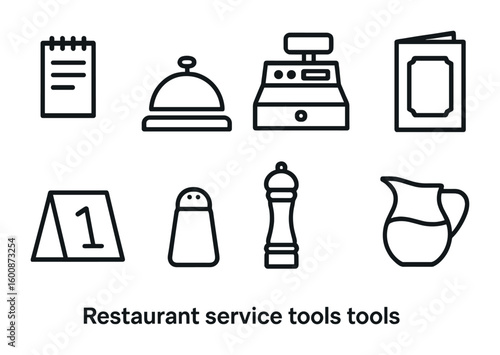 Restaurant Service Icons. Outline icon set of restaurant service tools: order pad, bell, cash register, menu
