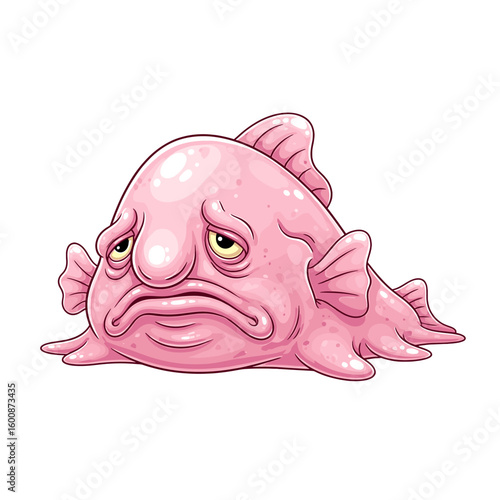 A cartoon illustration of a pink blobfish with a sad expression, lying flat against a white background.