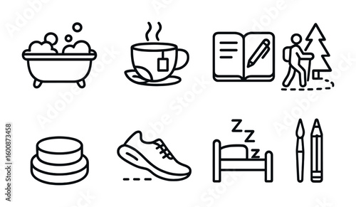 Self-Care Icon Set. Outline icon set of self-care routines: bubble bath, herbal tea, journal writing, nature