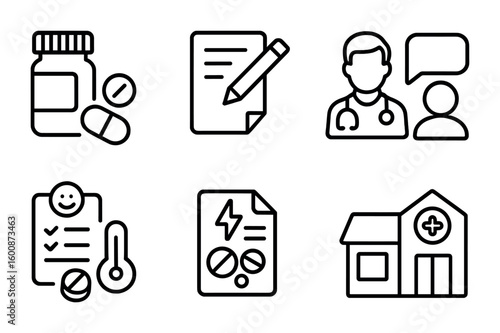 Medical Icon Set. Outline icon set of medication and treatment: pill bottle, prescription pad, doctor’s
