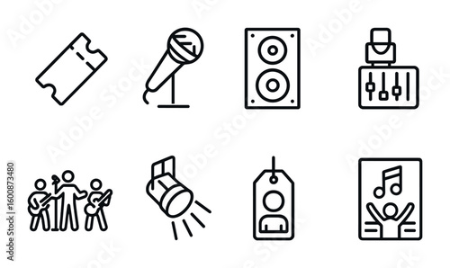 Live Music Icon Set. Outline icon set of live music event: ticket stub, stage microphone, speaker stack, sound