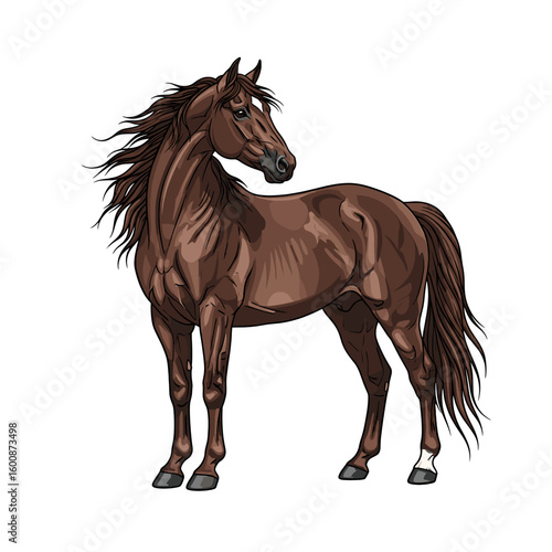 A majestic brown horse stands proudly, its flowing mane and tail adding to its elegance.