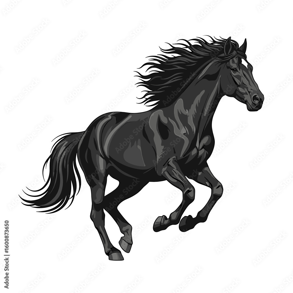 Obraz premium A black horse with a white blaze running dynamically, its mane and tail flowing in the wind.