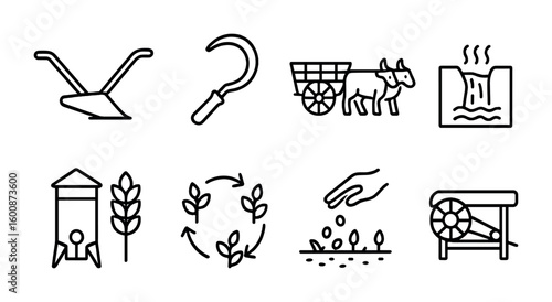 Agriculture History Icons. Outline icon set of the history of agriculture and farming techniques: plow, sickle