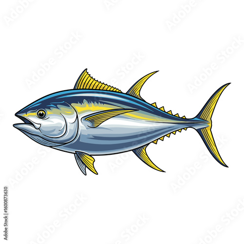 Illustration of a tuna fish with blue and silver body and yellow fins, isolated on a white background.