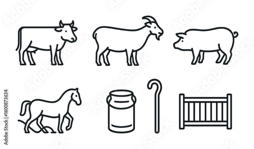 Livestock Farming Icons. Outline icon set of livestock farming history: cattle, sheep, goat, pig, horse