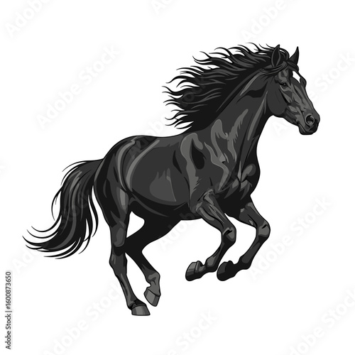 A black horse with a white blaze running dynamically, its mane and tail flowing in the wind.