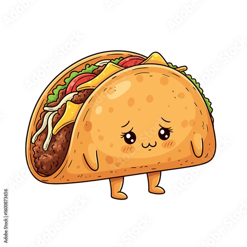 Cute, cartoon taco with sad expression, filled with food, standing on its own.