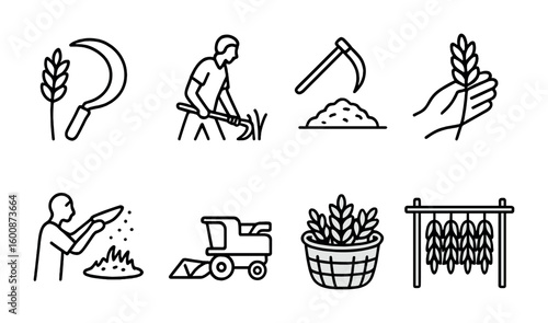 Harvest Techniques Icons. Outline icon set of harvesting techniques: sickle cutting, scythe swing, threshing