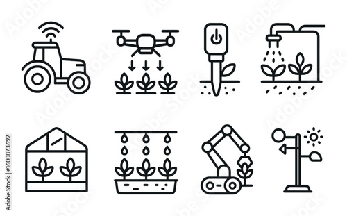Modern Agro-Tech Icons. Outline icon set of modern agricultural technology: GPS tractor, drone crop monitoring