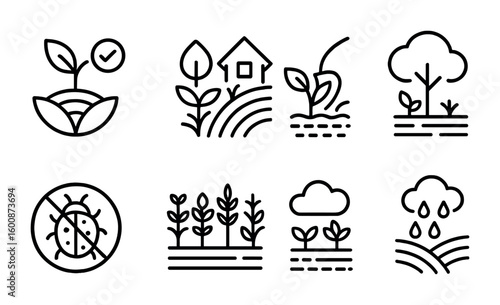 Sustainable Farming Icons. Outline icon set of sustainable farming practices: organic farming, permaculture,