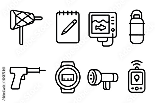Marine Research Icons. Outline icon set of marine research equipment: sampling net, underwater notebook, sonar