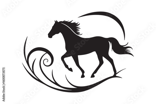 Elegant silhouette of a galloping horse with swirling flourishes