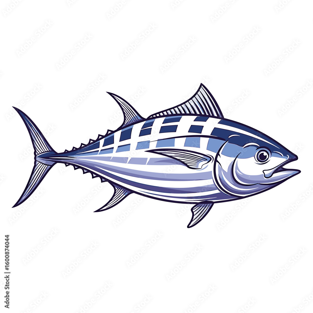 Obraz premium Side view illustration of a bluefin tuna, detailed lines and shading.