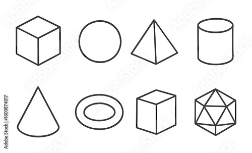 Geometric Shapes Icons. Outline icon set of 3D geometric forms: cube, sphere, pyramid, cylinder, cone, torus,