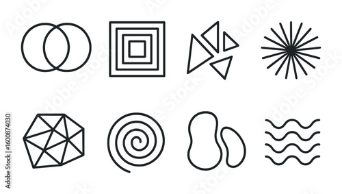 Abstract Geometric Icon Set. Outline icon set of abstract geometric art: overlapping circles, concentric