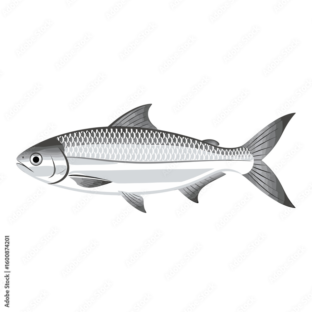 Fototapeta premium A detailed illustration of a sleek, silver fish isolated against a white background.