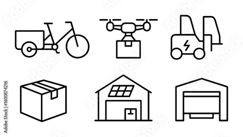 Eco Logistics Icons. Outline icon set of eco-friendly logistics: cargo bike, electric delivery van, drone