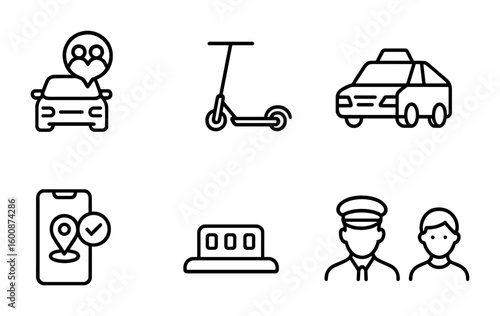 Ride-Sharing Icon Set. Outline icon set of ride-sharing and mobility services: carpool app, shared scooter,