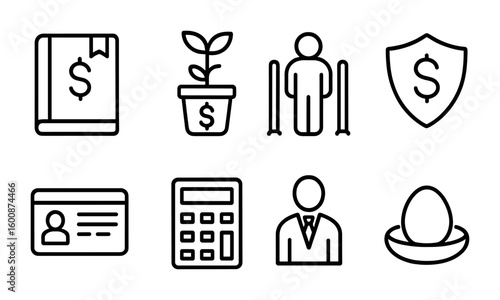 Retirement Planning Icons. Outline icon set of retirement planning: 401k plan, pension fund, retirement age,
