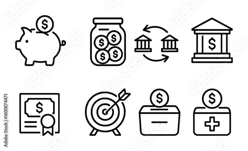Savings Icon Set. Outline icon set of saving strategies: piggy bank, jar with coins, automatic transfer, high